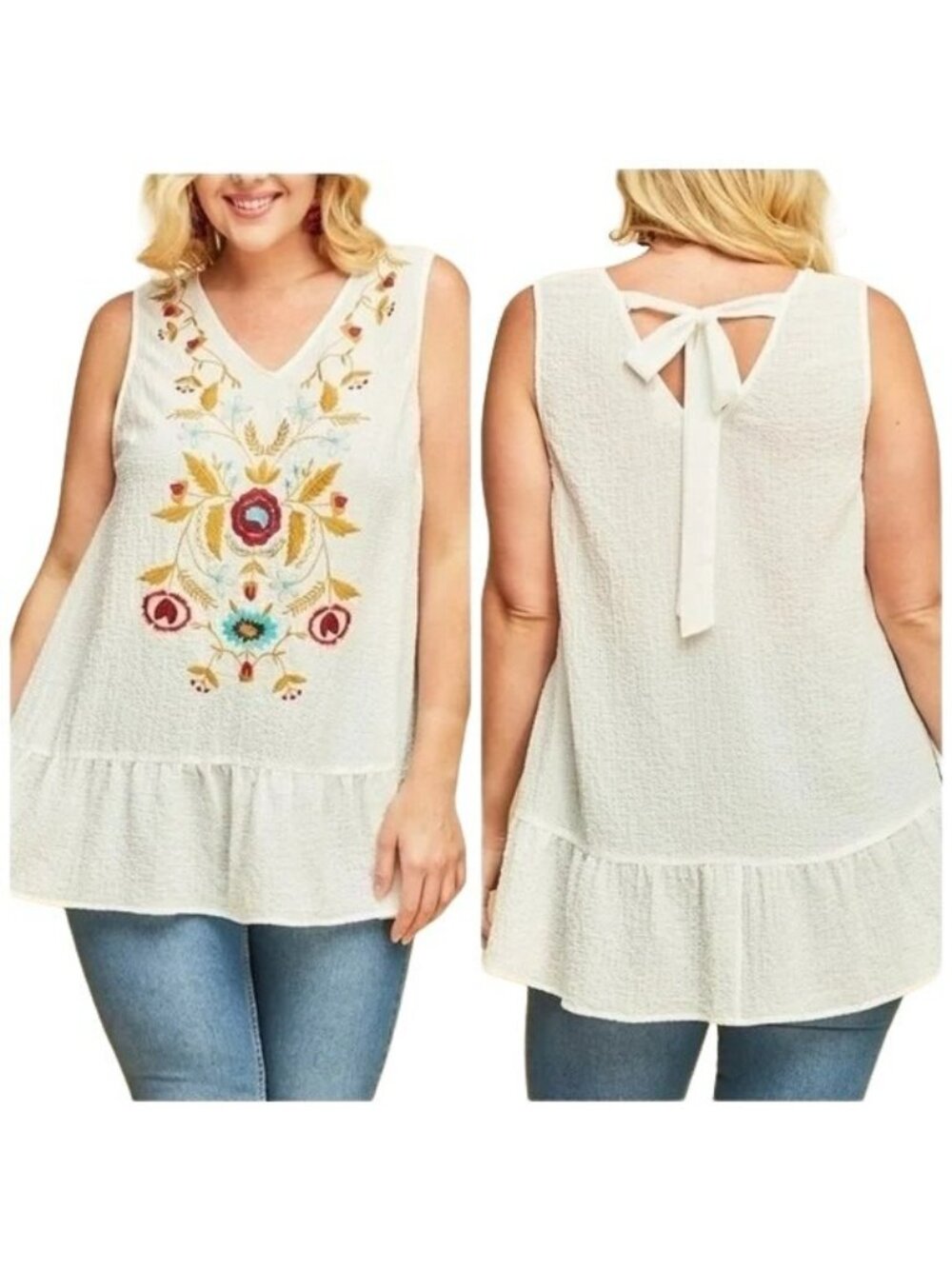 Entro Top Small Embroidered Babydoll Sleeveless Peplum Boho Ruffle Hem White